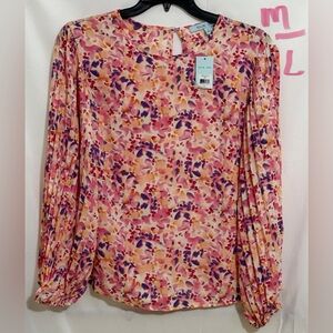 Pleated Long Sleeve Blouse in Pink and Purple with Peter Pan Collar